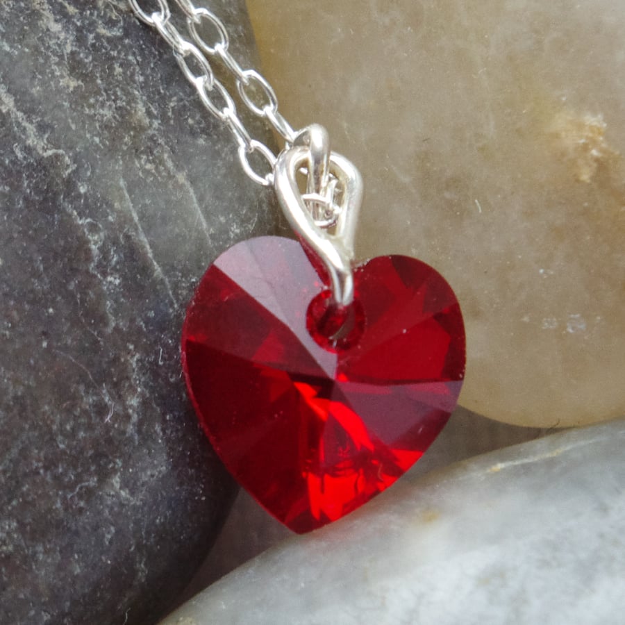 Ruby Red Austrian Crystal Heart Necklace In Sterling Silver
