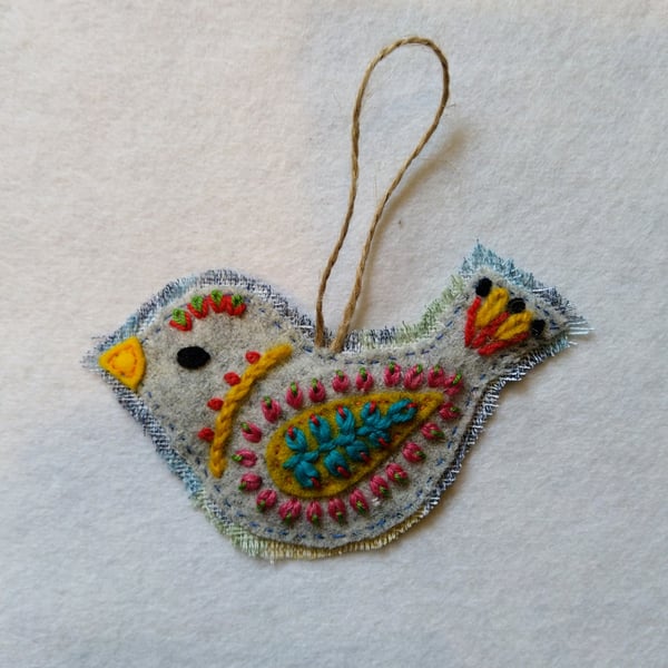 Hand embroidered folk bird hanging decoration 