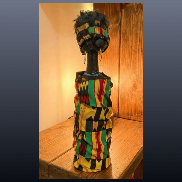 African print bottle art doll upcycled handmade decorative sculpture gift