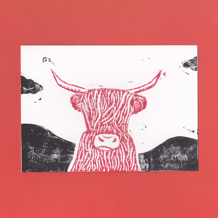 SECONDS – Black & Red Highland Cow – Original Handmade Lino Print