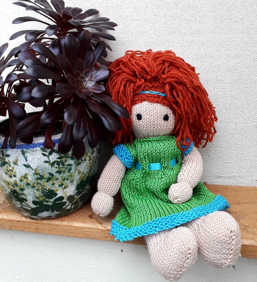 Doll. 12" Hand Knitted Doll Red Hair Doll Handmade in Wool With Removable Dress