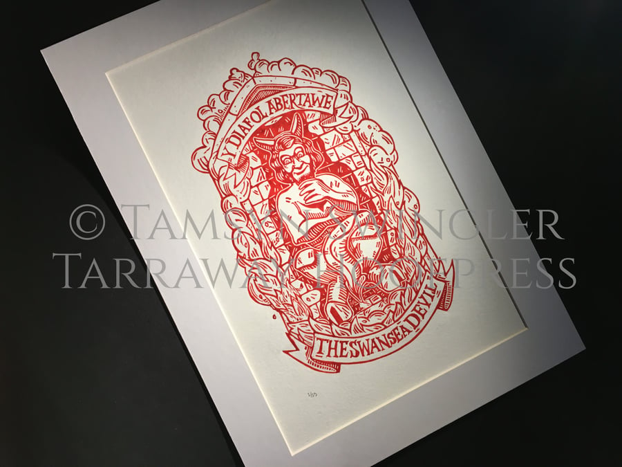 The Swansea Devil - y Diafol Abertawe - Red Ink - Lino print