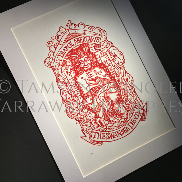 The Swansea Devil - y Diafol Abertawe - Red Ink - Lino print