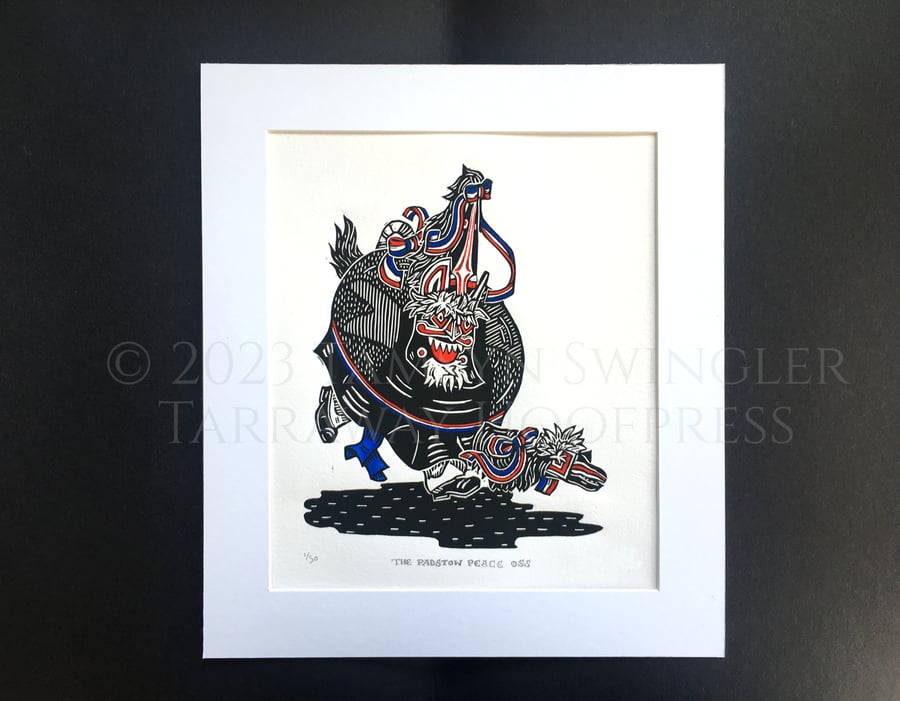 Blue Peace Padstow Obby Oss Lino Print - Limited Edition - Hand Painted