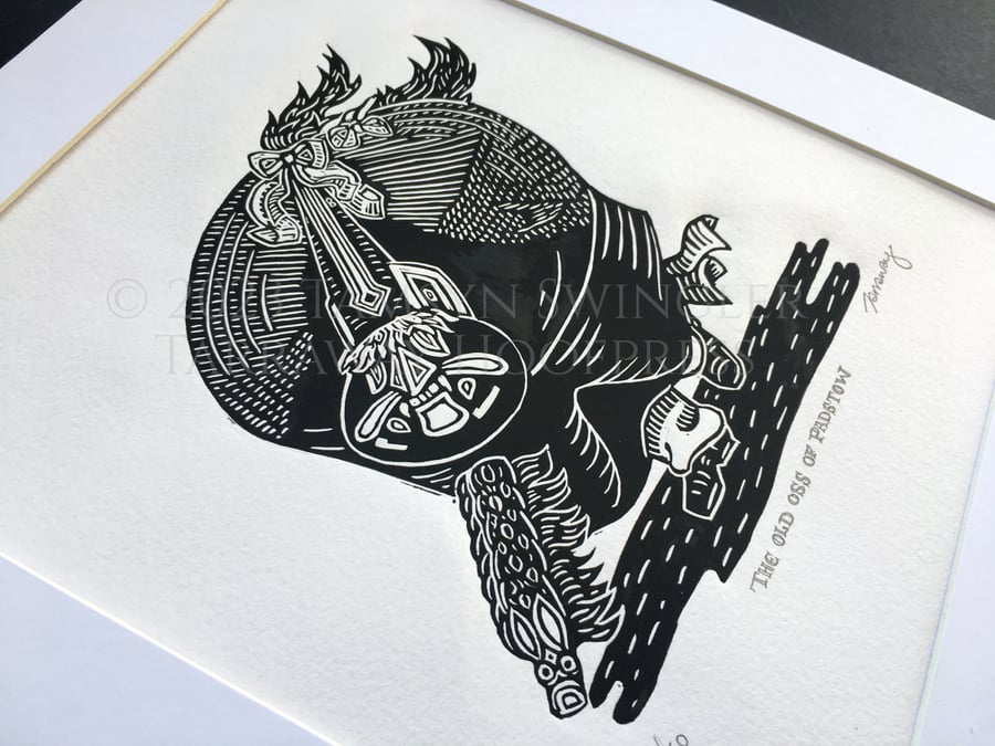 Black and White Padstow Red Oss Lino Print - Limited Edition