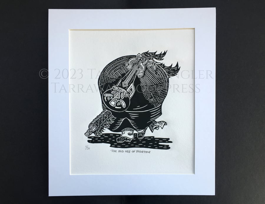 Black and White Padstow Red Oss Lino Print - Limited Edition