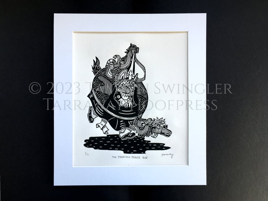 Black and White Lino Print - Padstow Blue Peace Oss - Limited Edition