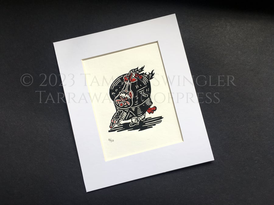 Wee Oss - Red Miniature Padstow Old Oss Lino Print - Limited Edition