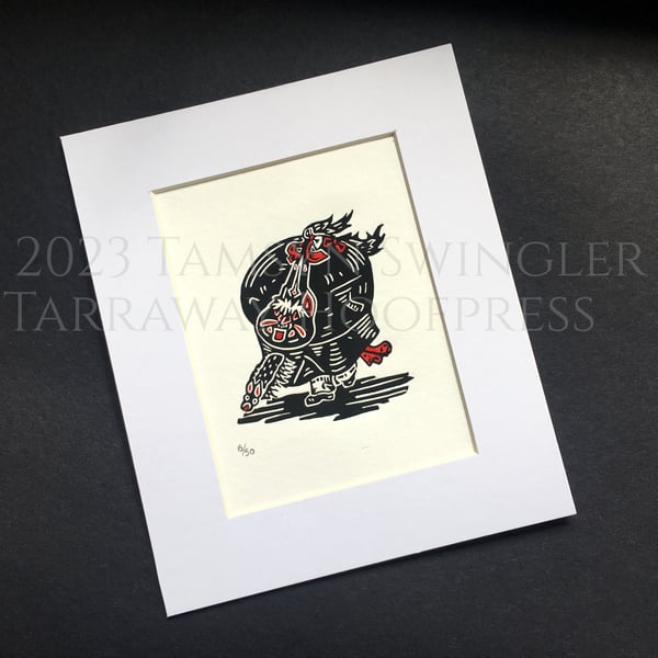 Wee Oss - Red Miniature Padstow Old Oss Lino Print - Limited Edition