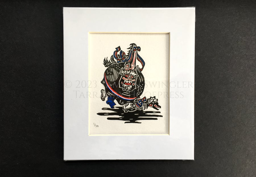 Wee Oss - Blue - Miniature Padstow Peace Oss Lino Print - Limited Edition