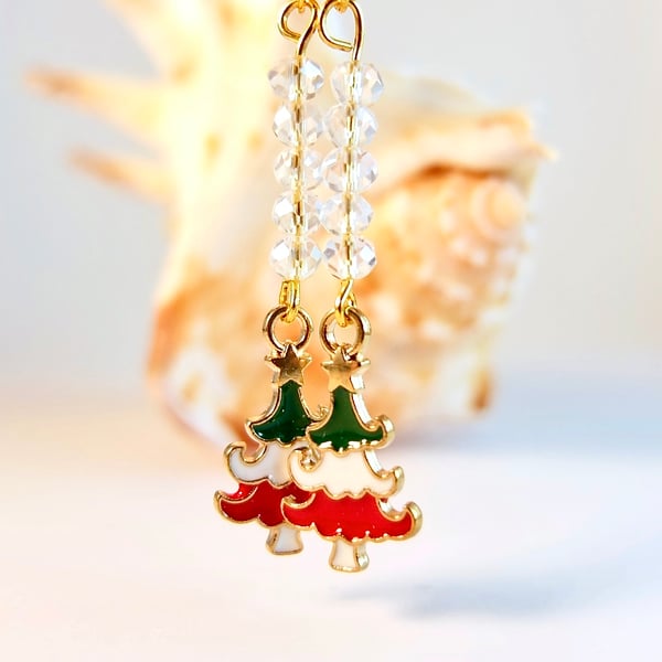 Christmas Tree Earrings With Sparkly Glass Crystals - Free UK Delivery