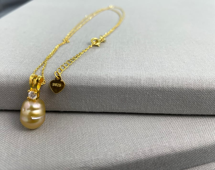 Natural Golden Genuine South Sea Pearl Necklace 9ct Gold Filled Sterling Silver