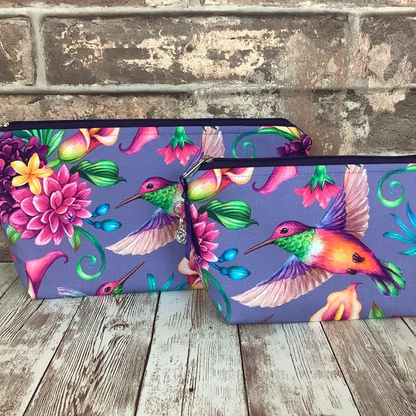 Hummingbirds Zip case, Makeup bag, Handmade, 2 size options