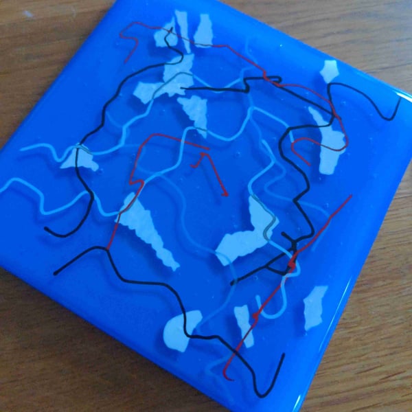 Fused Glass Cobalt Blue Graffiti Coaster 10cm 