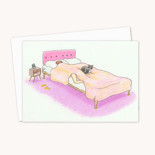 Cute Cat Greeting Card: Cosy Bed Cat Illustration (312)
