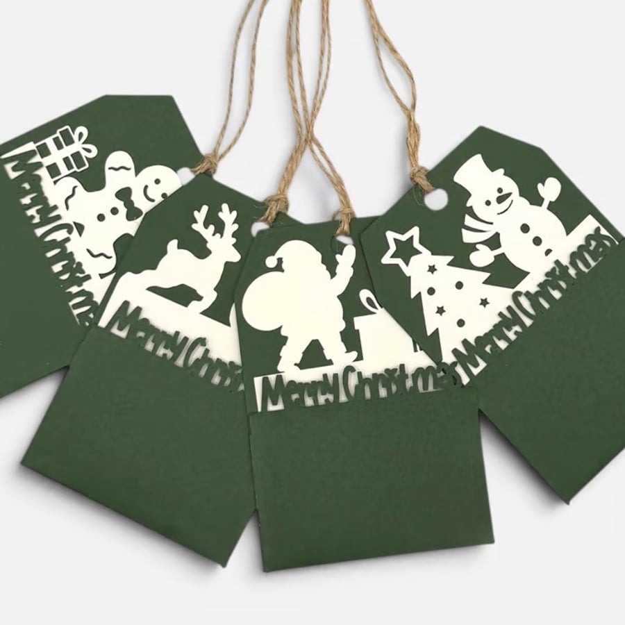 Handmade Christmas Gift Tags, Slide In Message Tags, Green Set of 4