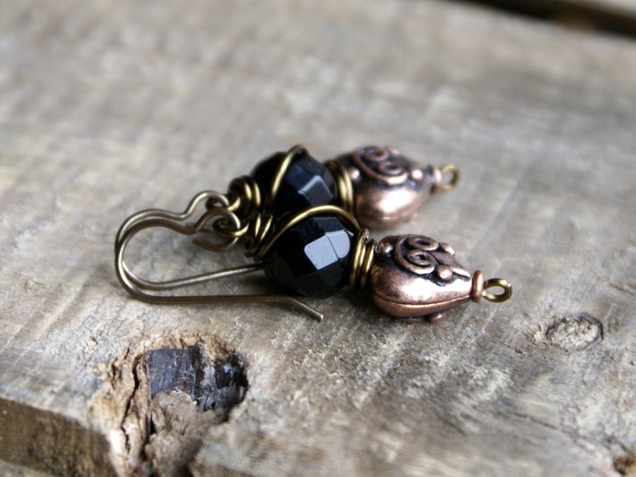 Black Agate & Copper Heart Earrings