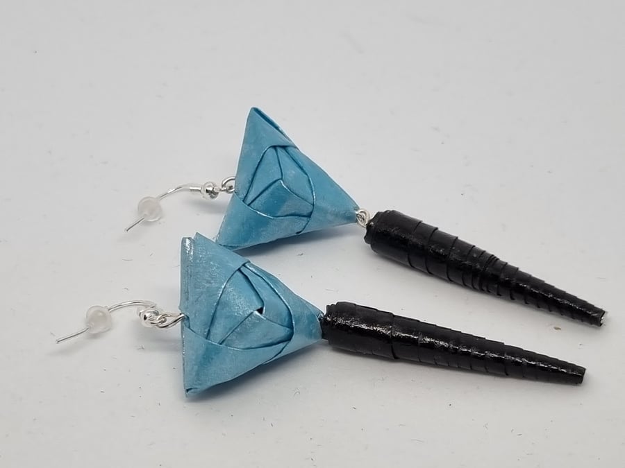 Light blue pearlescent and black paper earrings 