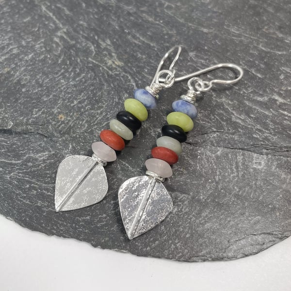 Silver and gemstone long spear earrings