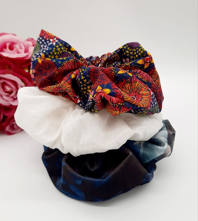 Set of 3 large scrunchies,  blue velour,  white satin and pink dandelion burst. 