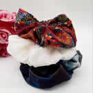 Set of 3 large scrunchies,  blue velour,  white satin and pink dandelion burst. 