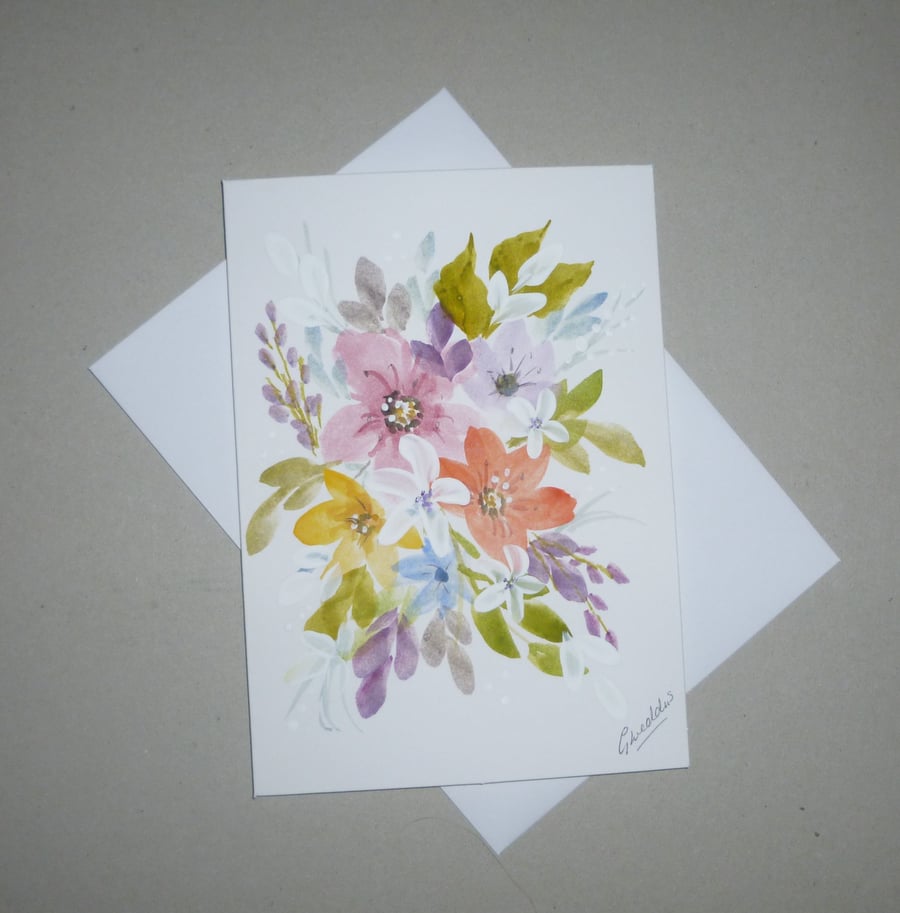 hand painted floral greetings card ( ref FA 192 E3 )