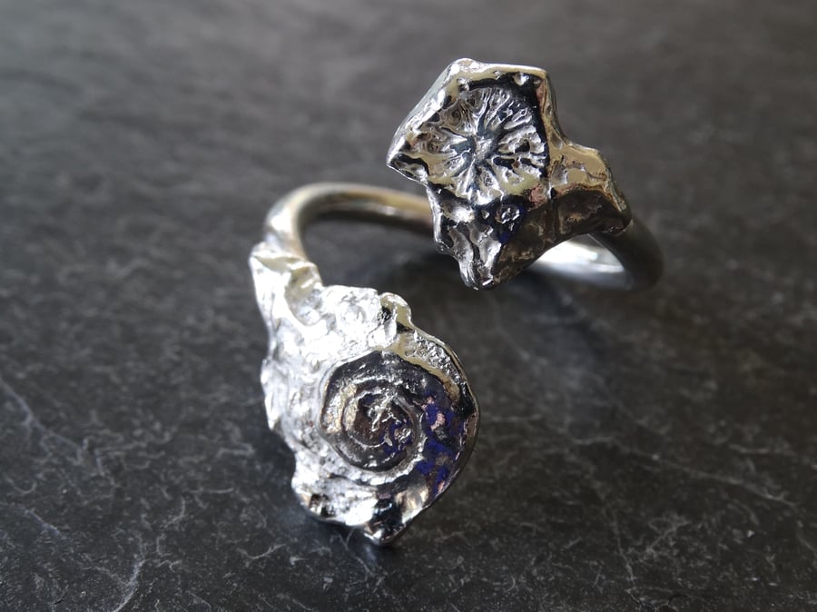 Two shell tristan ring. Cast shell & coral sterling silver