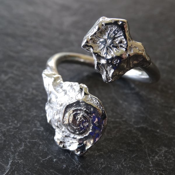 Two shell tristan ring. Cast shell & coral sterling silver