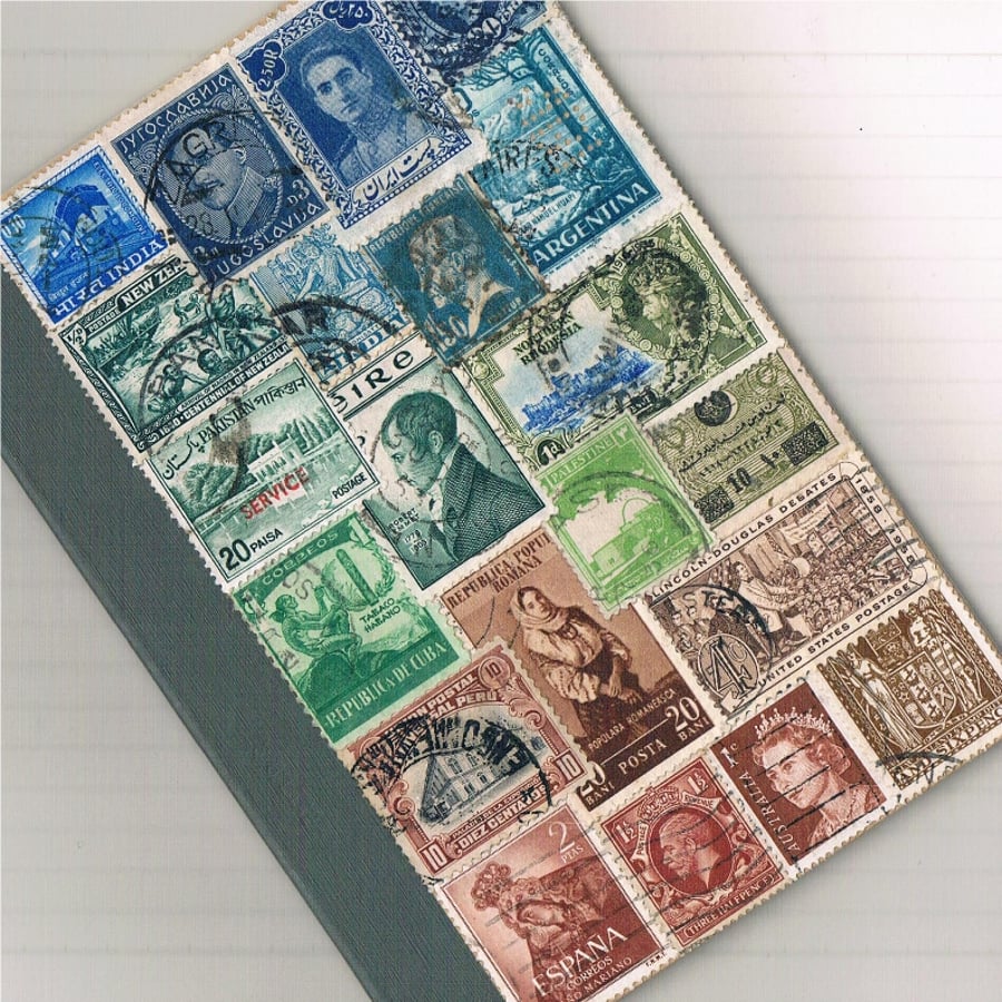 Blue-Green-Brown A6 Notebook - upcycled vintage world postage stamp art collage