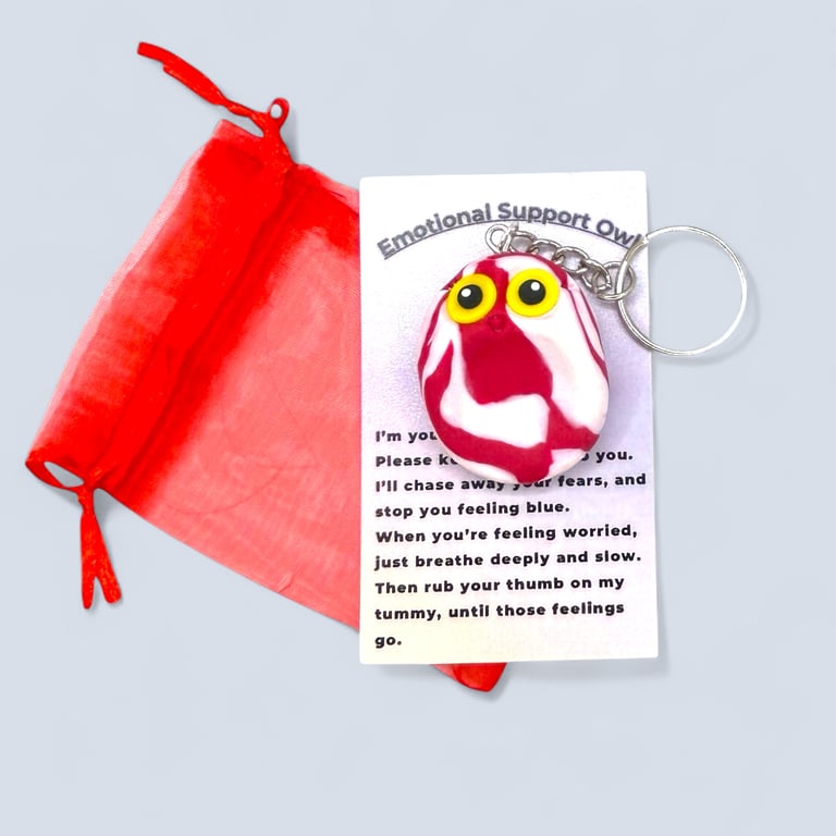 Red and White Worry Stone Owl Keychain - Emotional Support Owl Fidget Stone