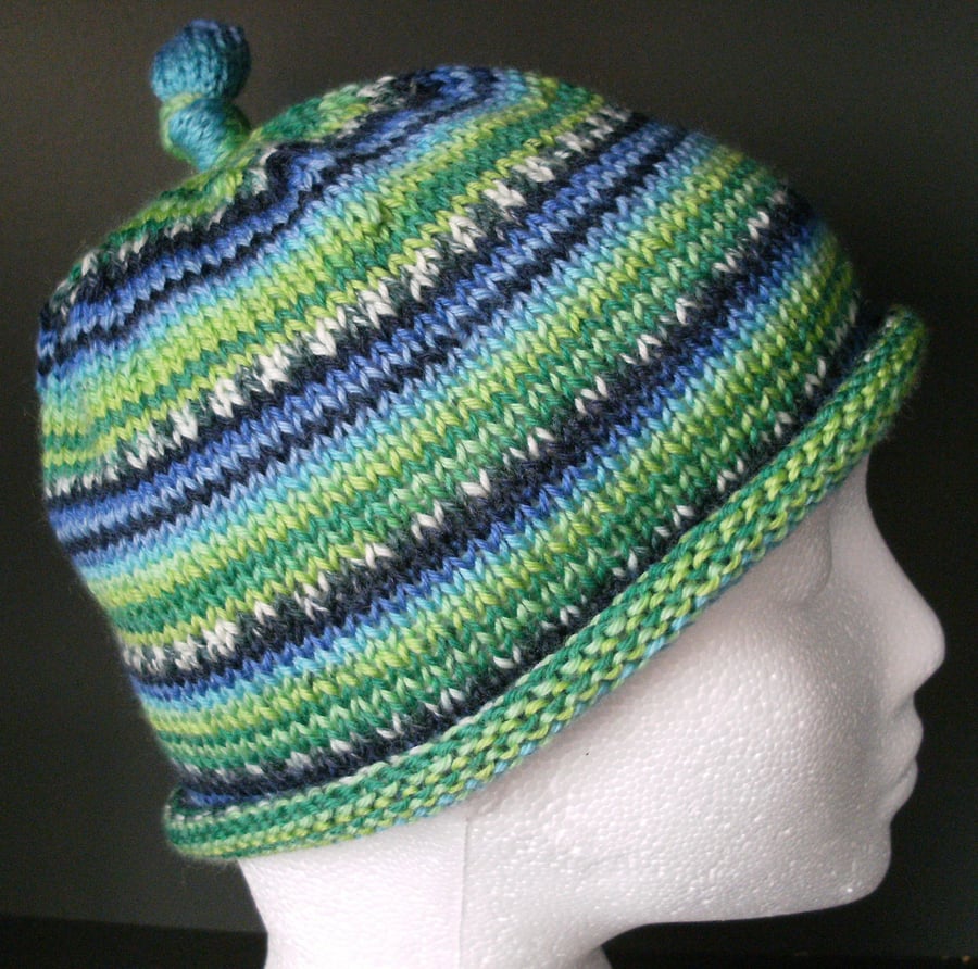 Handknit KNOTTY TOP BEANIE Stripey in Blues & Greens child teen adult small