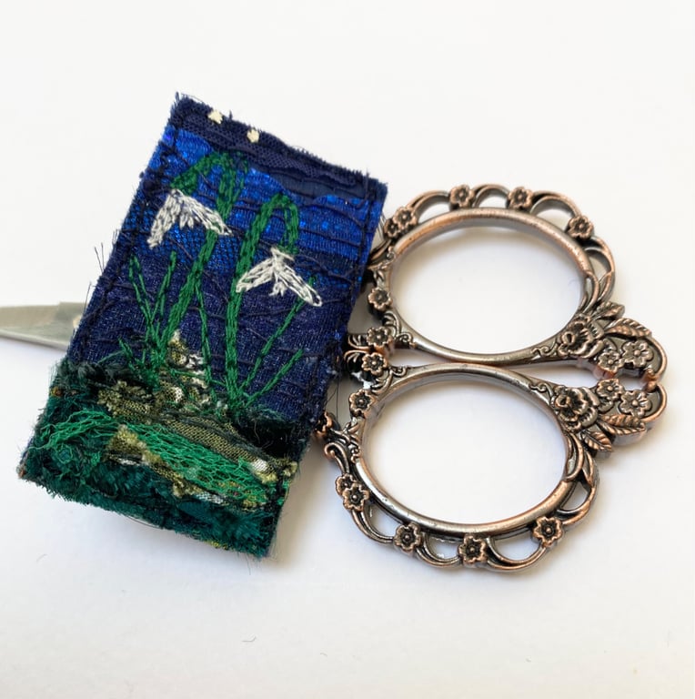 Snowdrop brooch pin or badge. Up-cycled and embroidered. 