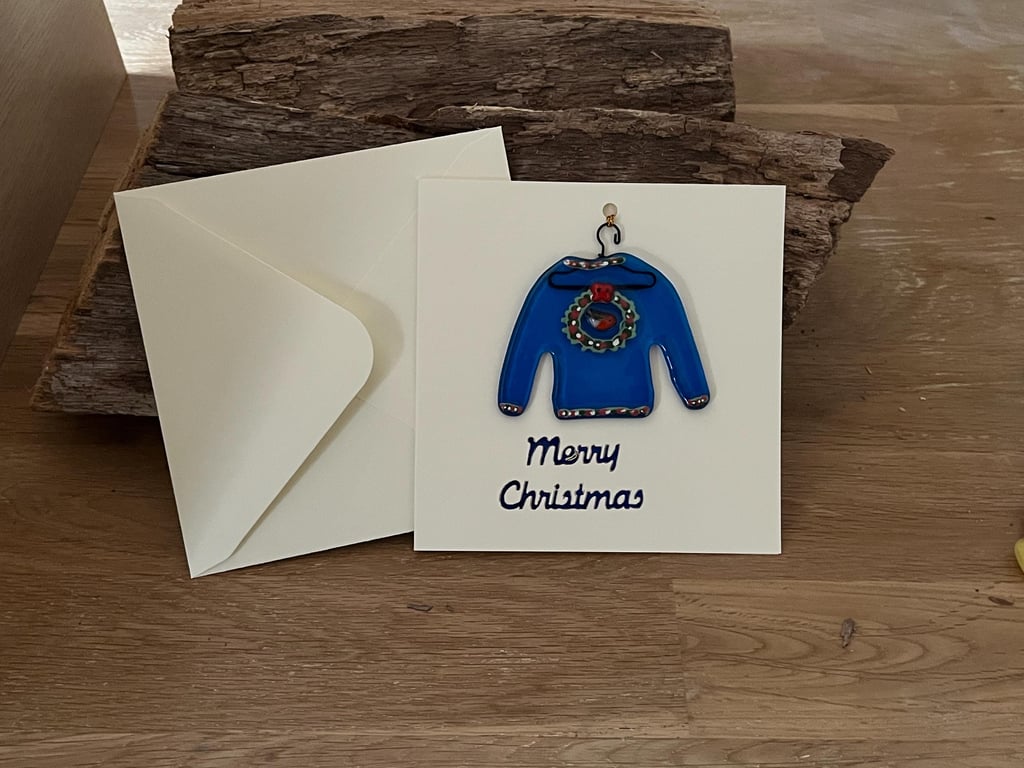 Handmade Detachable Keepsake, Fused Glass Festive Jumper Christmas Card