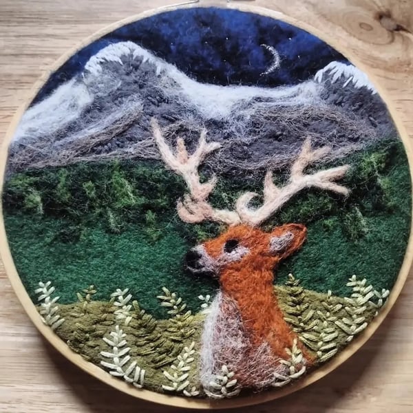 Highland Stag finished embroidery hoop wall art 