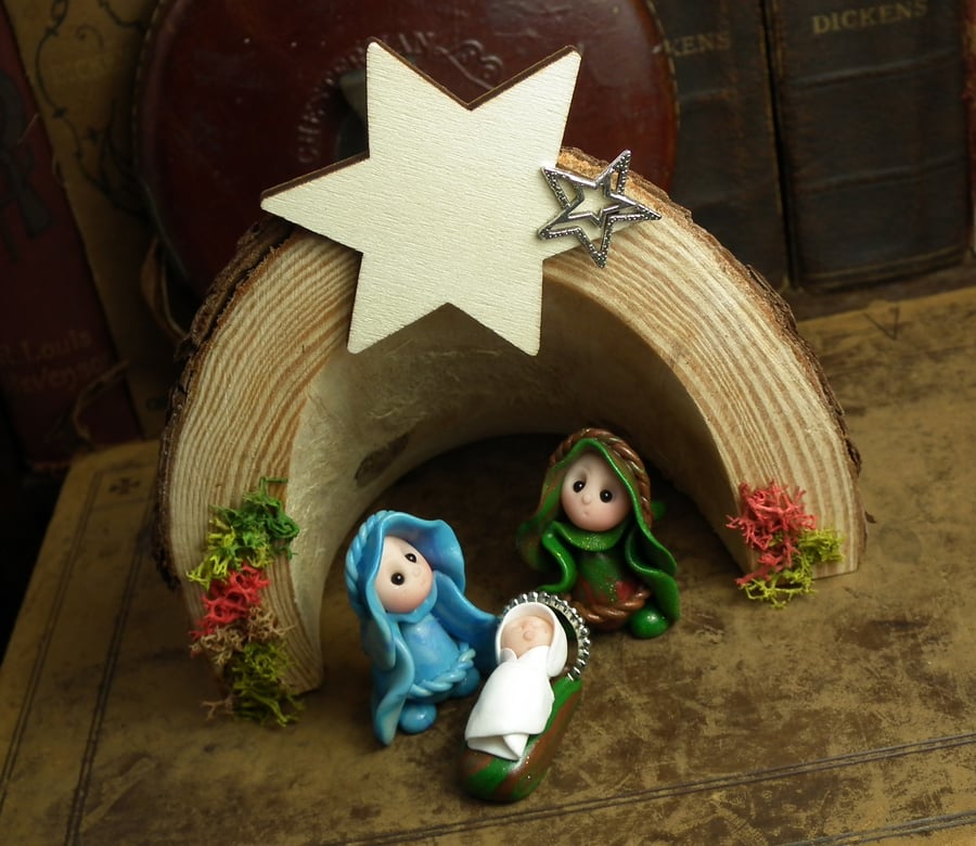 Holy Family Nativity Set Crib with Figures OOAK Sculpt by Ann Galvin