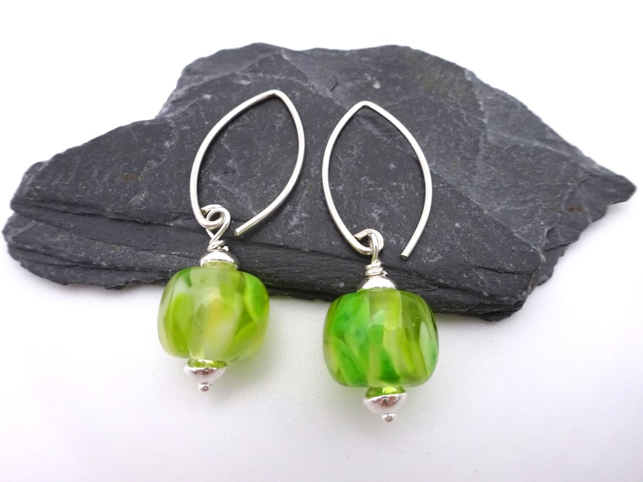 lampwork glass green speckled earrings