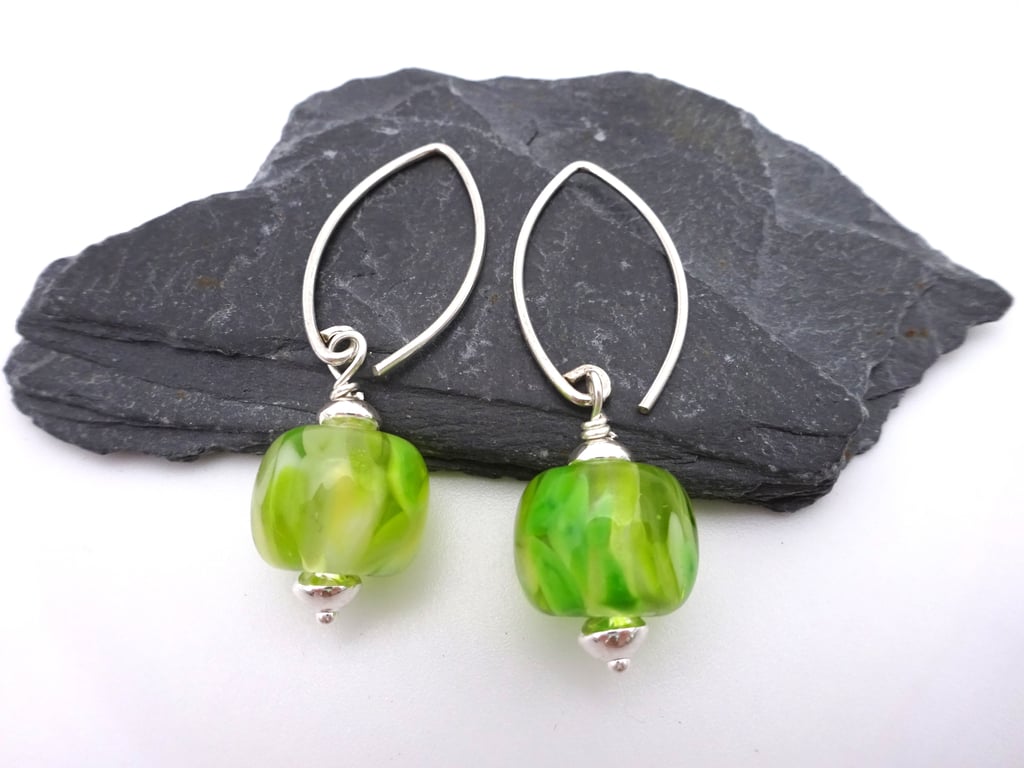 lampwork glass green speckled earrings