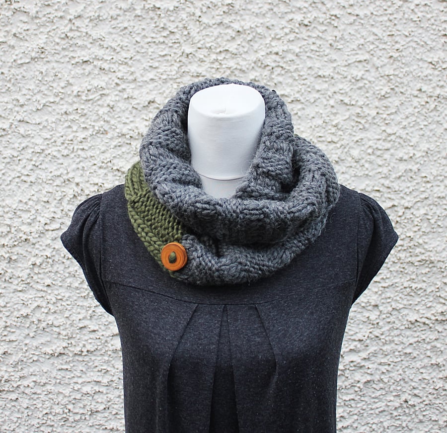 Gray and olive loop scarf snood, neckwear, gift guide, knitwear UK