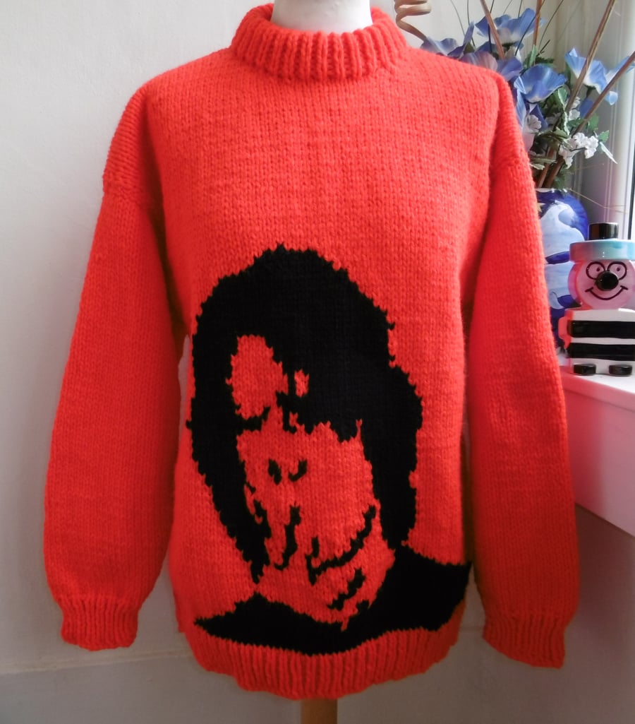 HAND KNITTED CHUNKY ROUND NECK RED ROCKER ICON JUMPER SWEATER BEXKNITWEAR