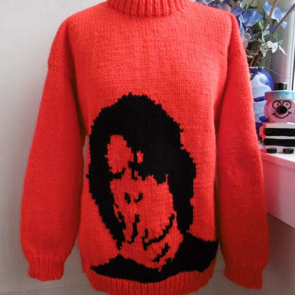 HAND KNITTED CHUNKY ROUND NECK RED ROCKER ICON JUMPER SWEATER BEXKNITWEAR