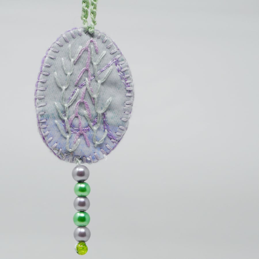 Lavender Ice - hanging ornament with hand embroidery and glass beads
