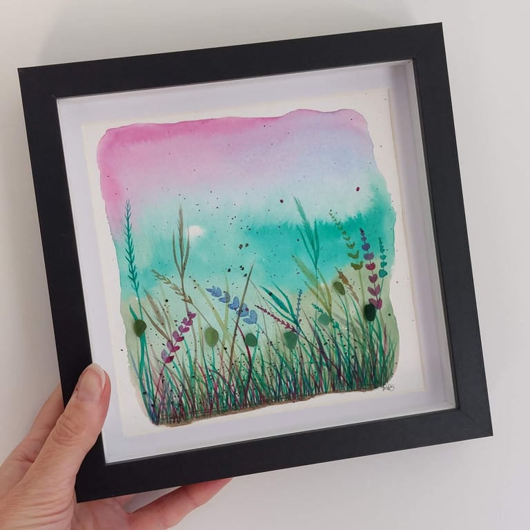Watercolour Flower Meadow Painting with Sea Glass Embellishments - Home Decor