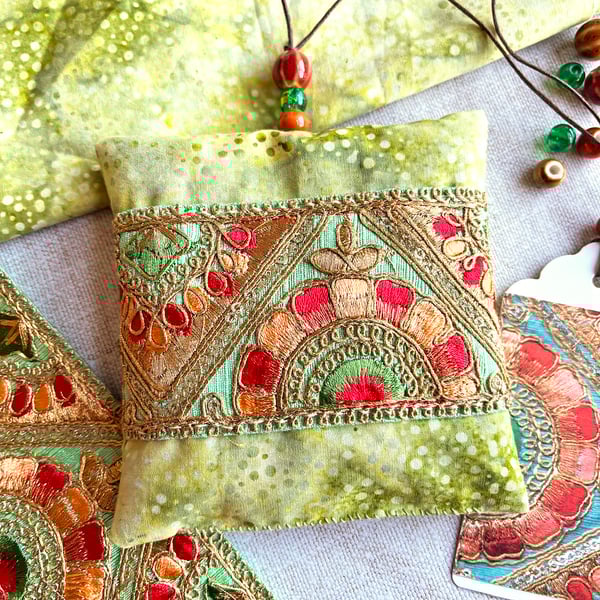 Pretty boho lavender bag with Indian embroidered trim, stocking filler