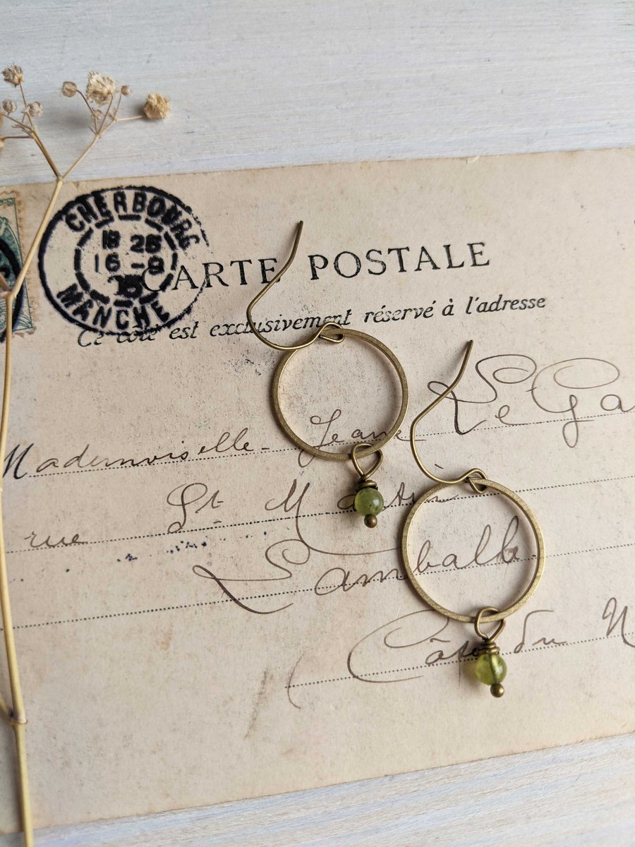 Golden Hoops with Peridot - drop earrings - green gem stones and brass - August