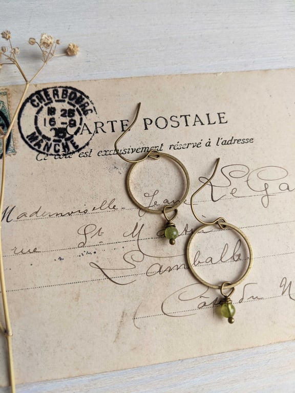Golden Hoops with Peridot - drop earrings - green gem stones and brass - August