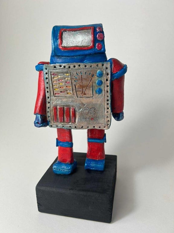 Handbuilt Ceramic Robot: Red and Blue "Wobot" Figurine