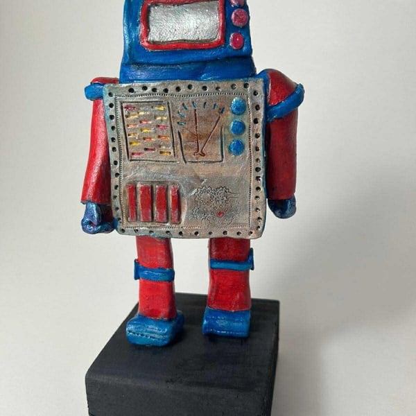 Handbuilt Ceramic Robot: Red and Blue "Wobot" Figurine