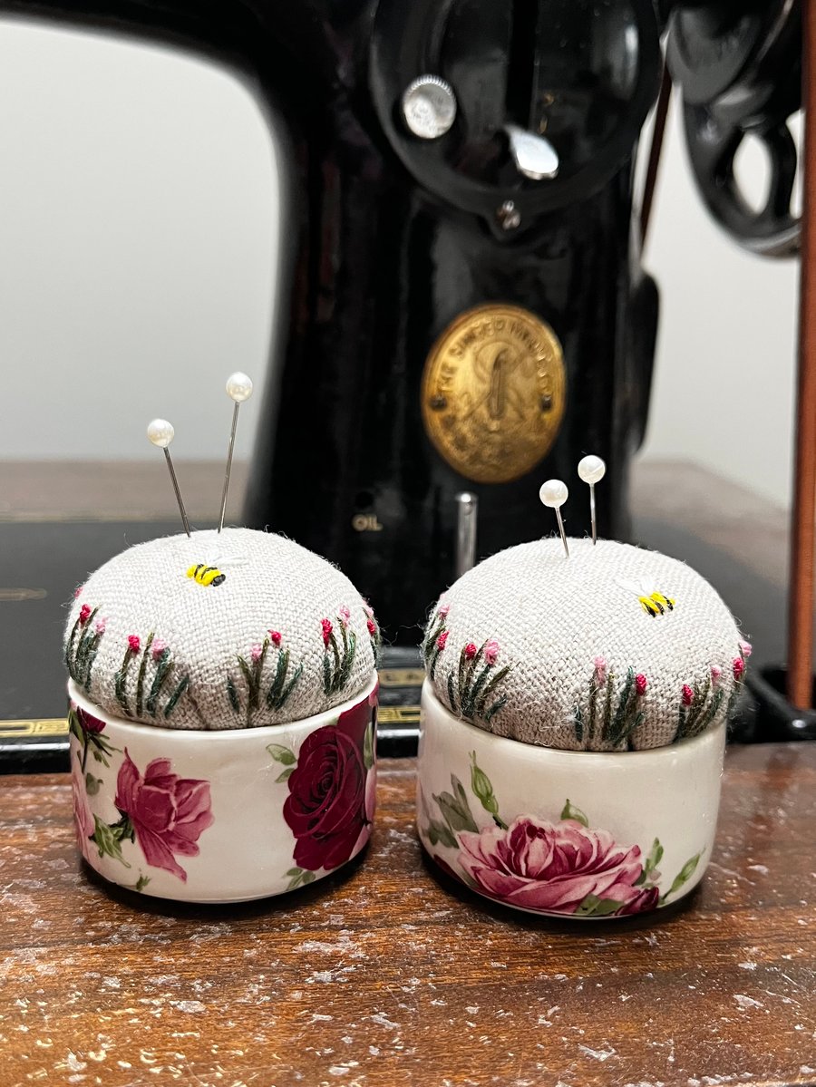 Pair of Rose Dish Pin Cushions - embroidered with bee and flowers