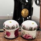 Pair of Rose Dish Pin Cushions - embroidered with bee and flowers