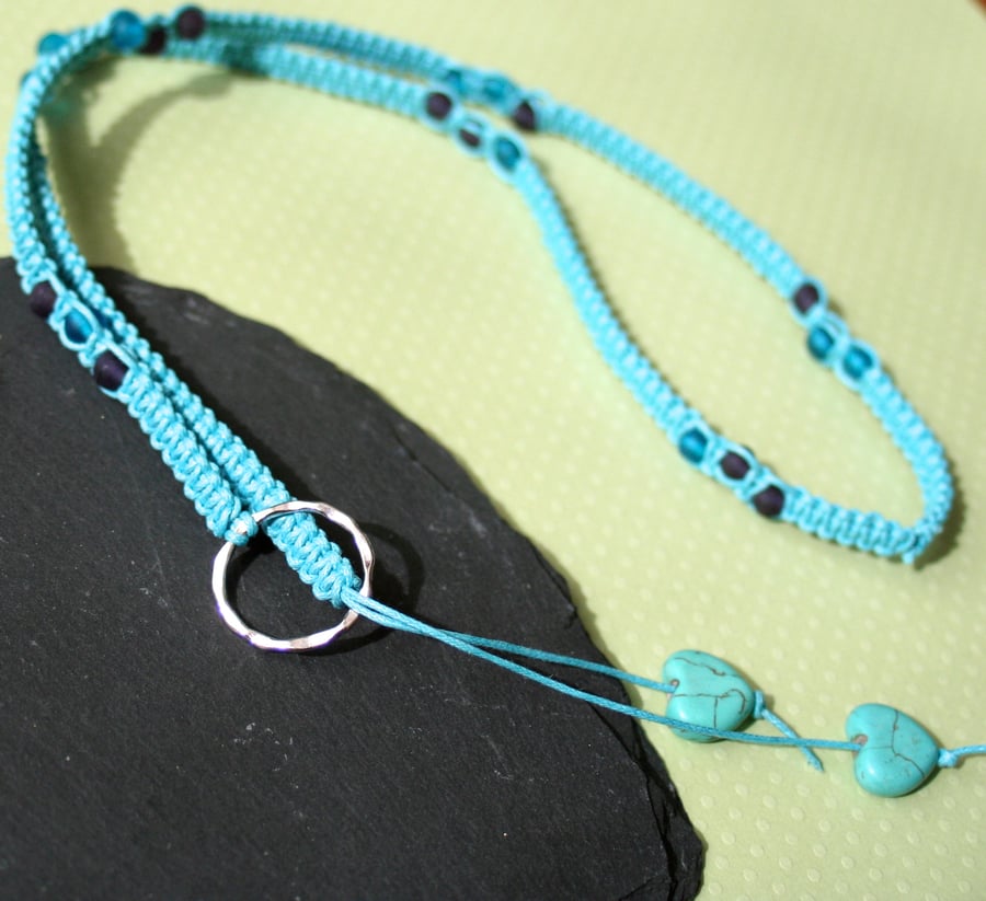 Turquoise blue macrame lariat necklace